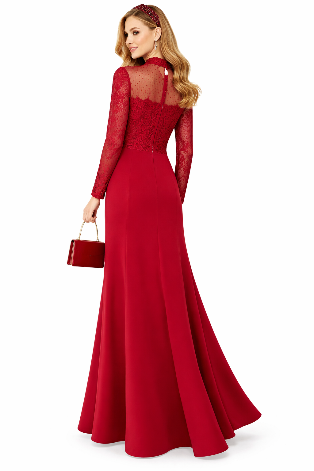 Elegant Red Lace Evening Gown with Matching Handbag Set