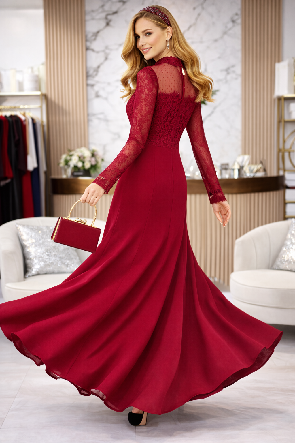 Elegant Red Lace Evening Gown with Matching Handbag Set