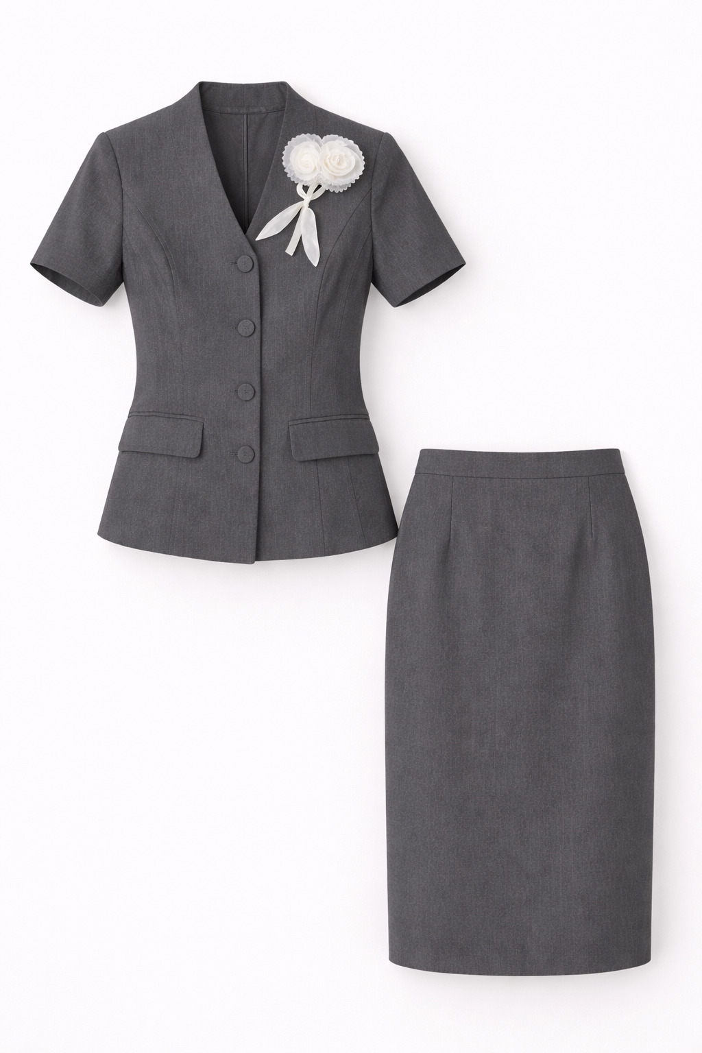 Charcoal Tailored Blazer & Pencil Skirt Set with Floral Brooch