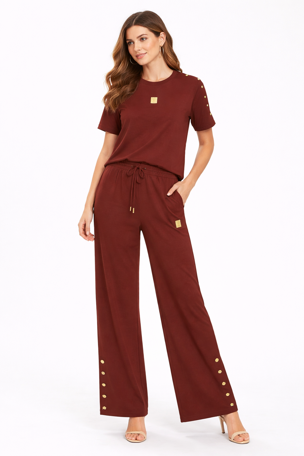 Burgundy Luxe Lounge Set with Gold Embellishments