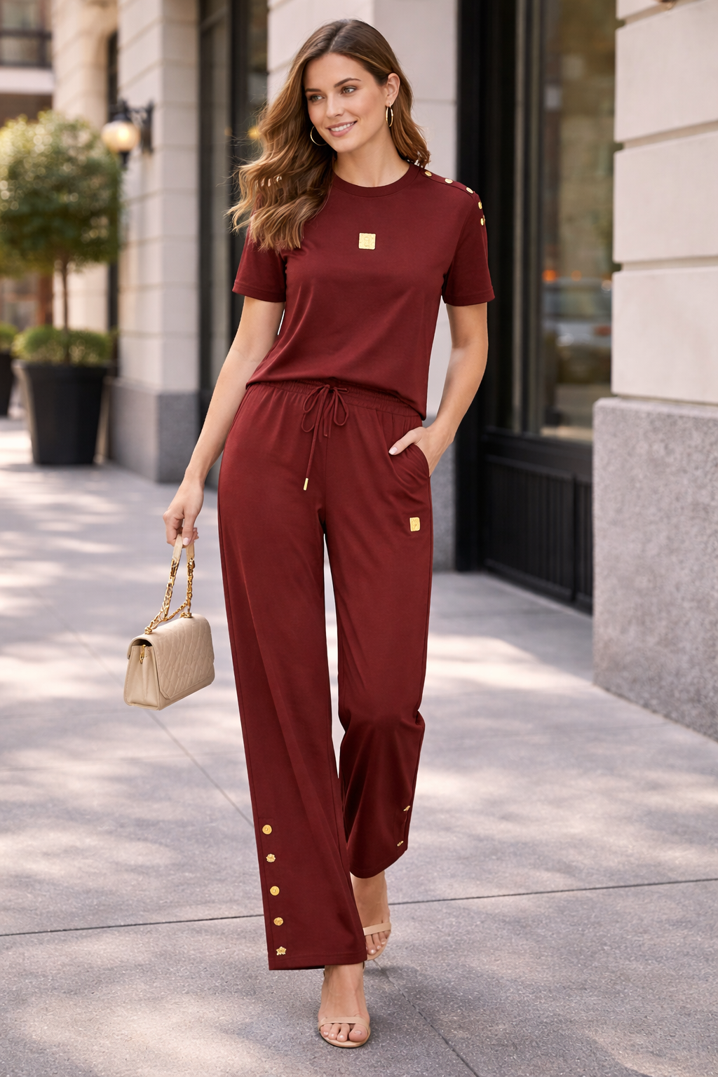 Burgundy Luxe Lounge Set with Gold Embellishments