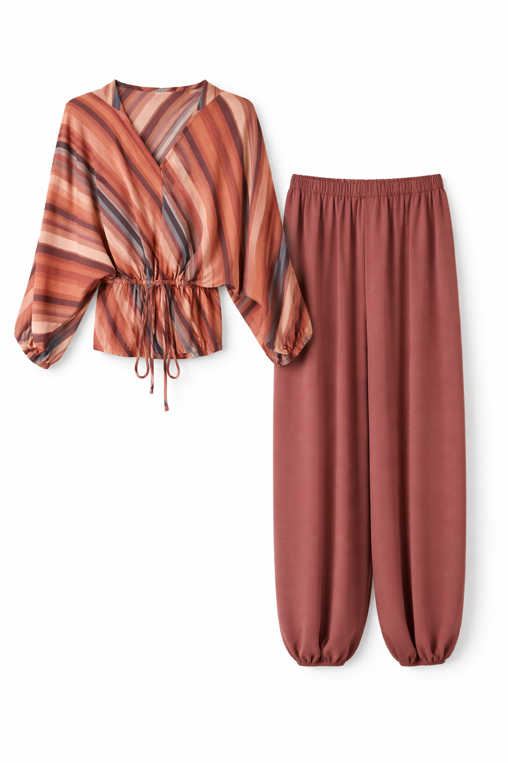 Terracotta Stripe Wrap Top & Wide-Leg Pants Set