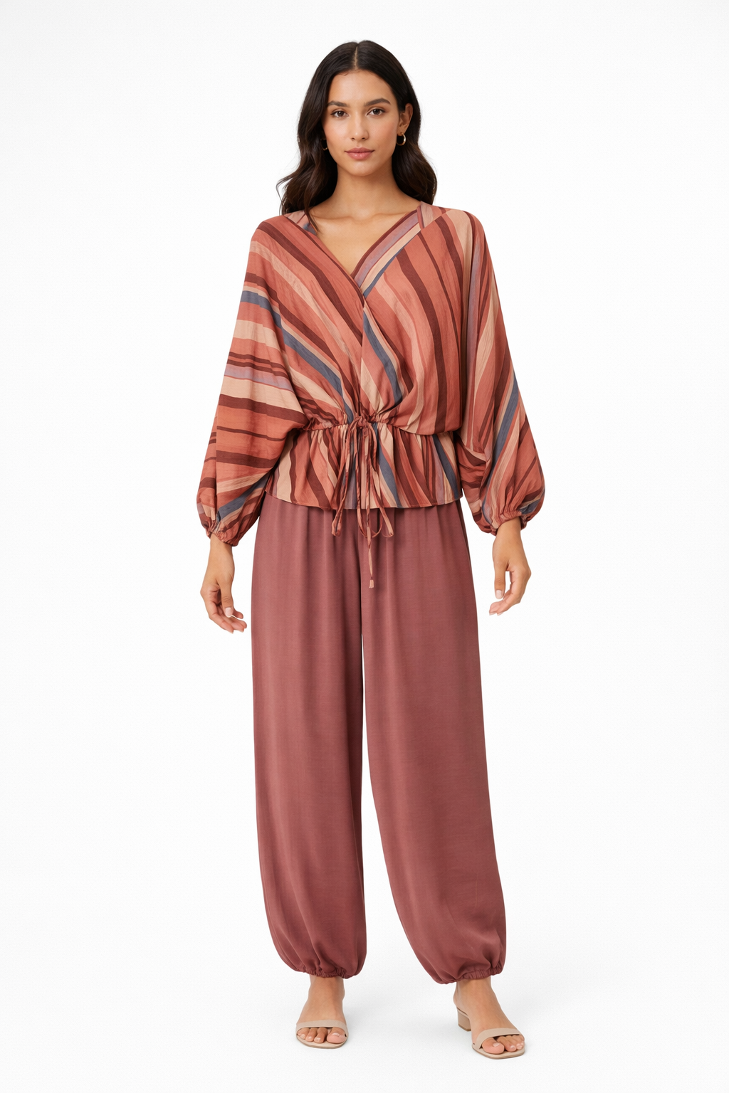 Terracotta Stripe Wrap Top & Wide-Leg Pants Set
