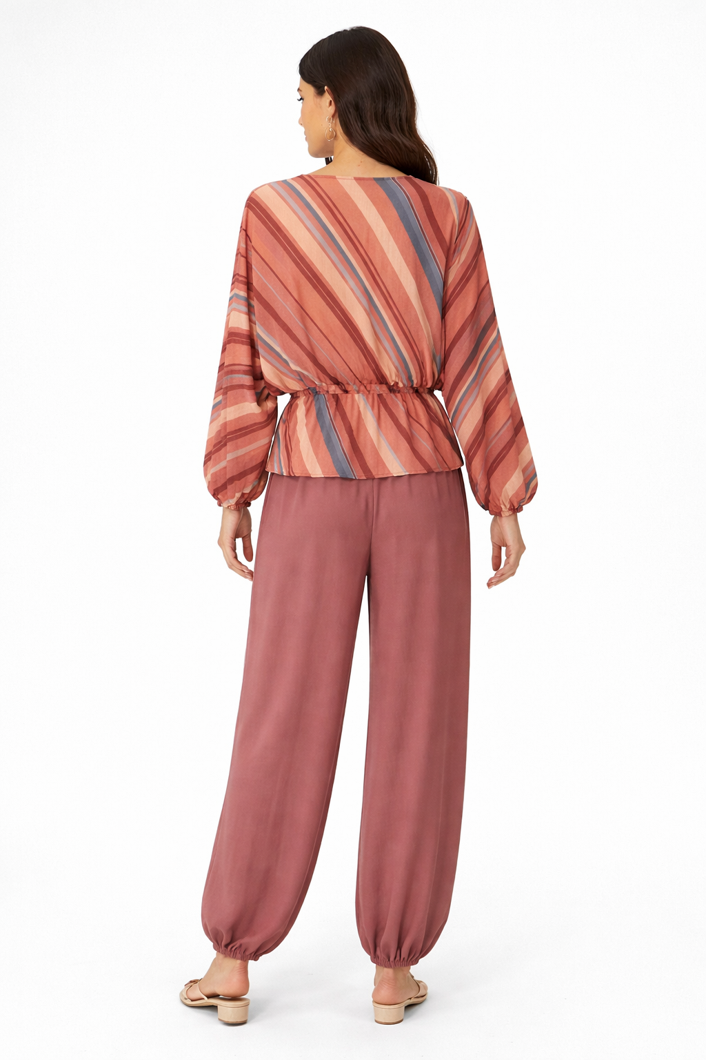Terracotta Stripe Wrap Top & Wide-Leg Pants Set