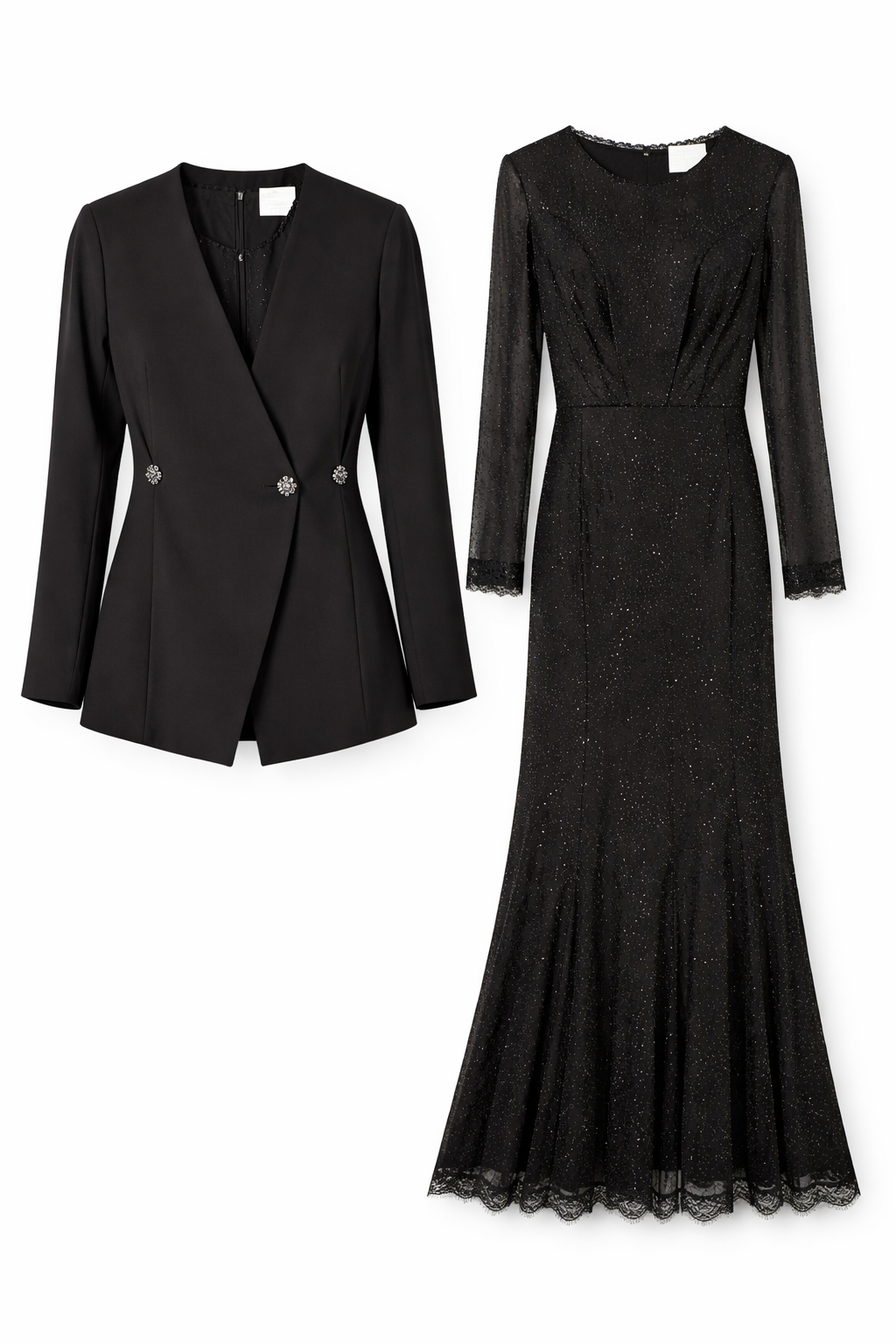 Elegant Black Glitter Mermaid Dress with Tailored Blazer Set