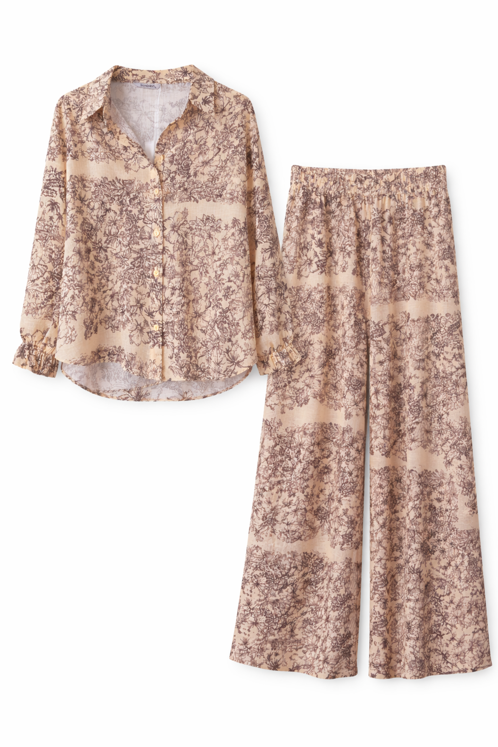 Beige Toile Print Blouse & Wide-Leg Pants Set