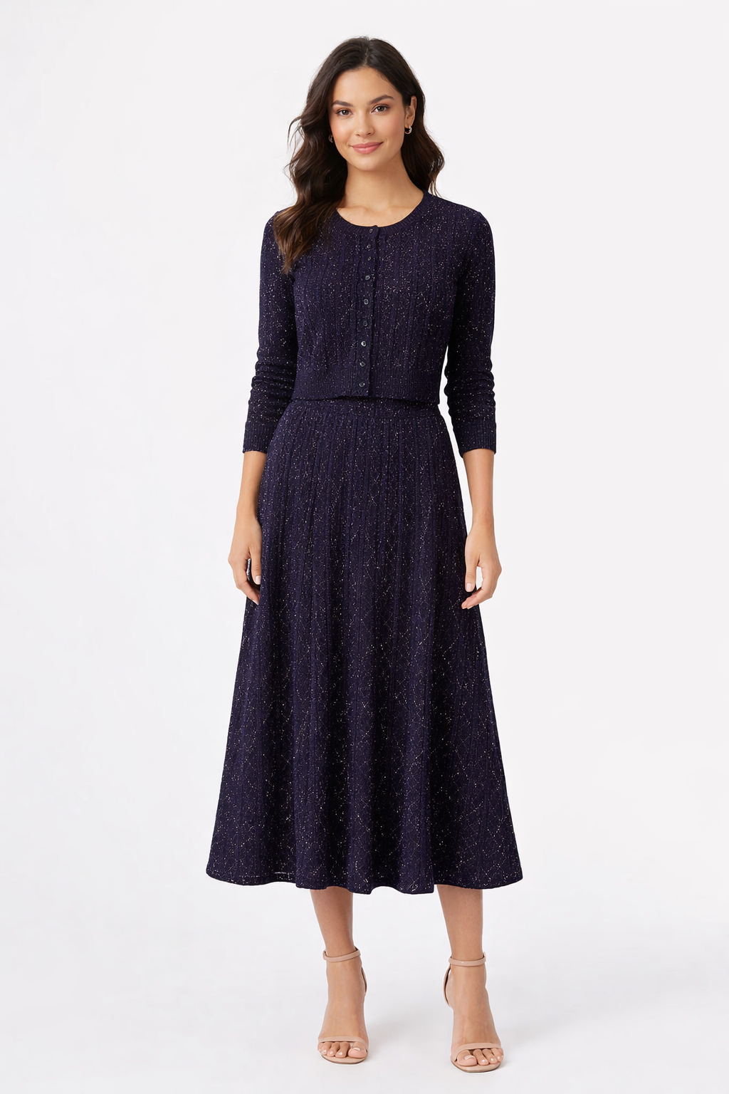 Navy Shimmer Knit Cardigan & Flared Midi Skirt Set