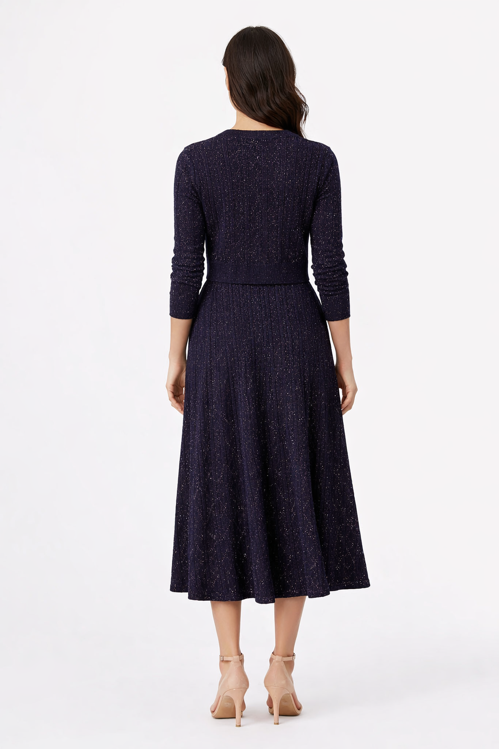Navy Shimmer Knit Cardigan & Flared Midi Skirt Set