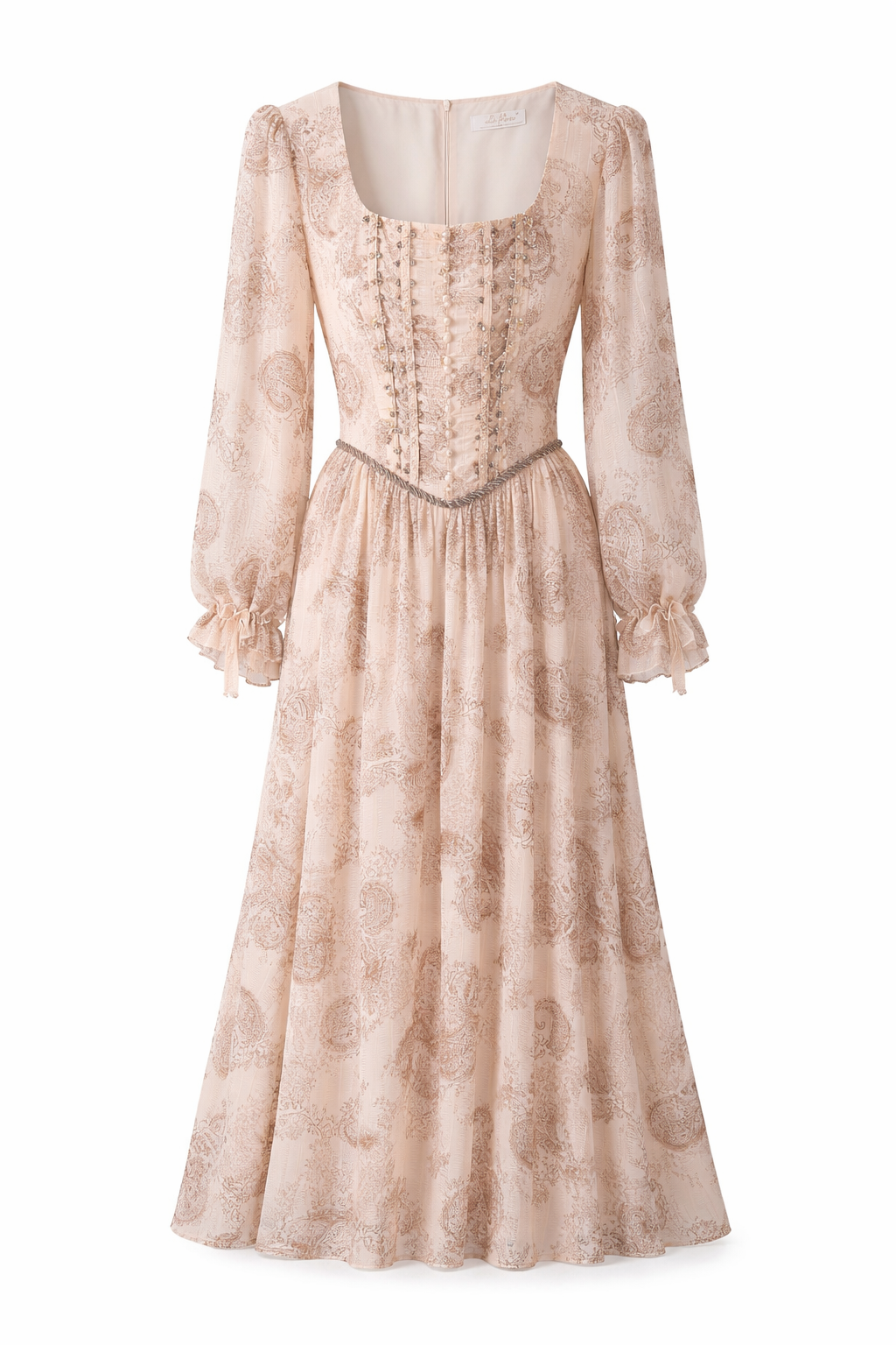 Blush Paisley Corset Midi Dress with Lace-Up Back