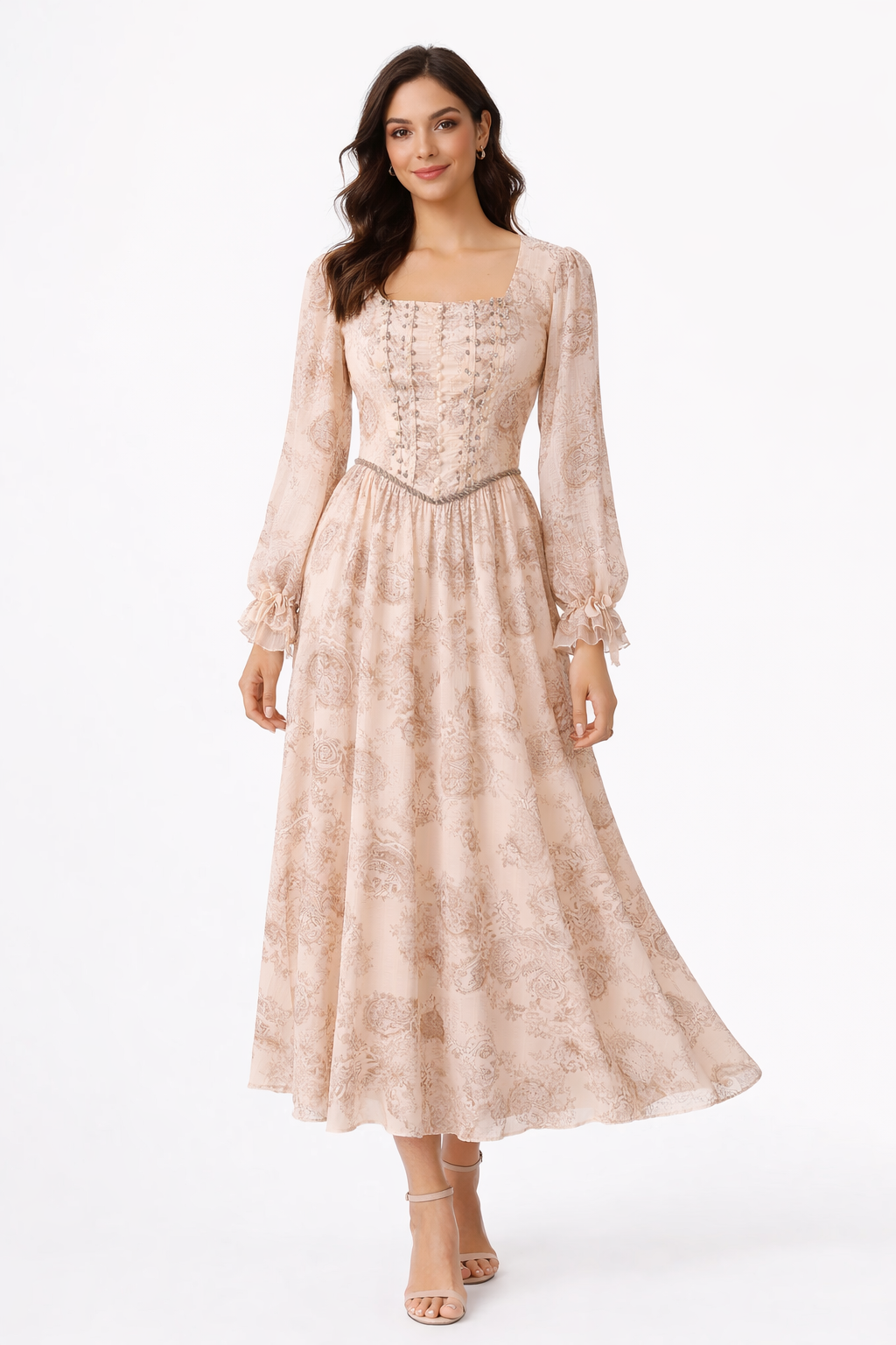 Blush Paisley Corset Midi Dress with Lace-Up Back