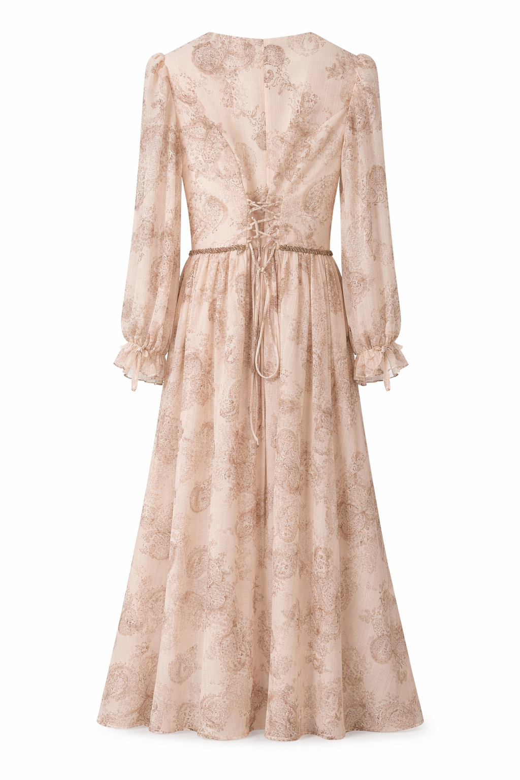 Blush Paisley Corset Midi Dress with Lace-Up Back