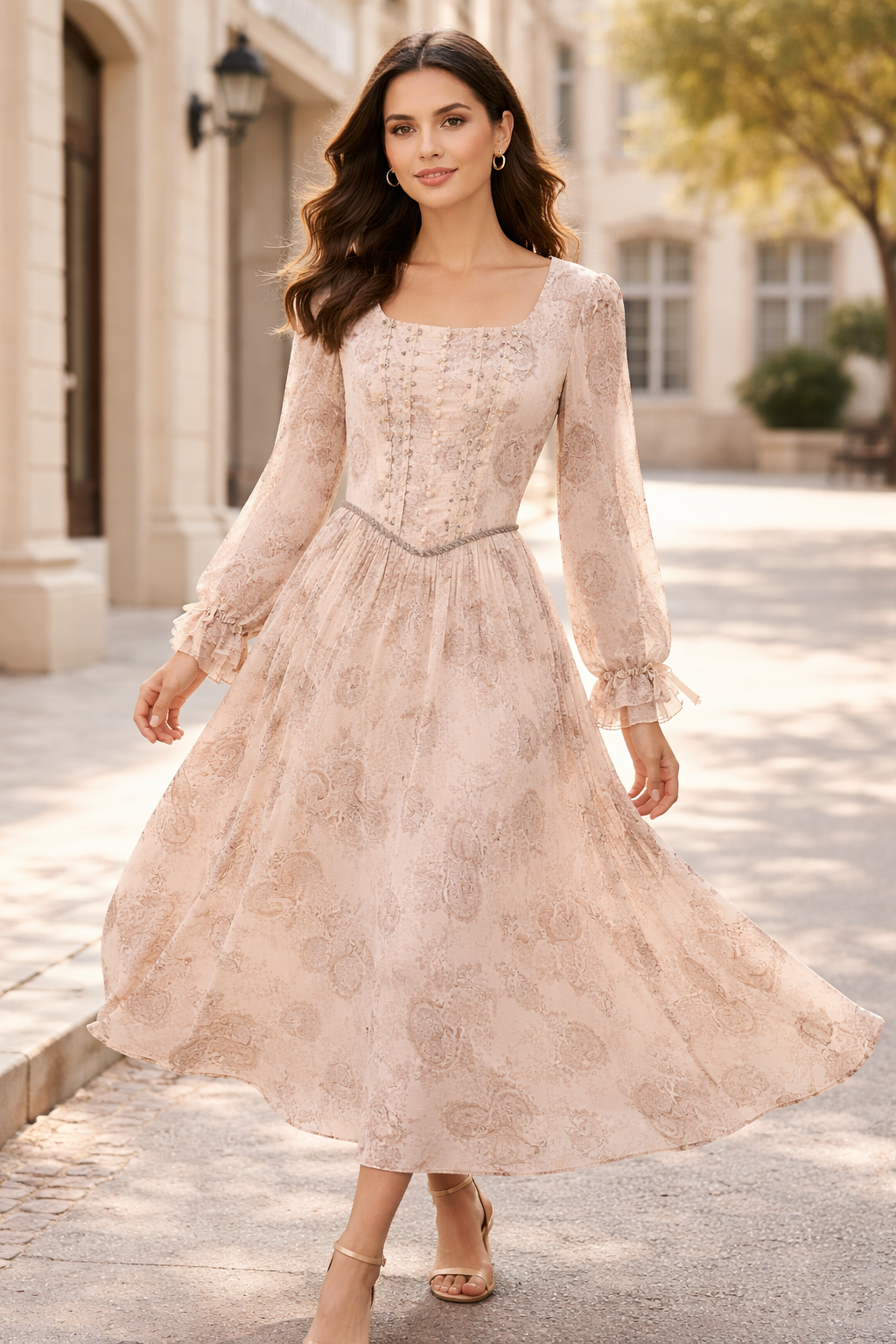 Blush Paisley Corset Midi Dress with Lace-Up Back