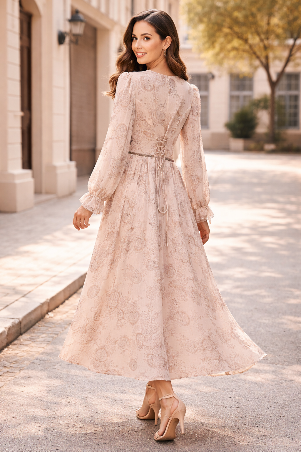 Blush Paisley Corset Midi Dress with Lace-Up Back