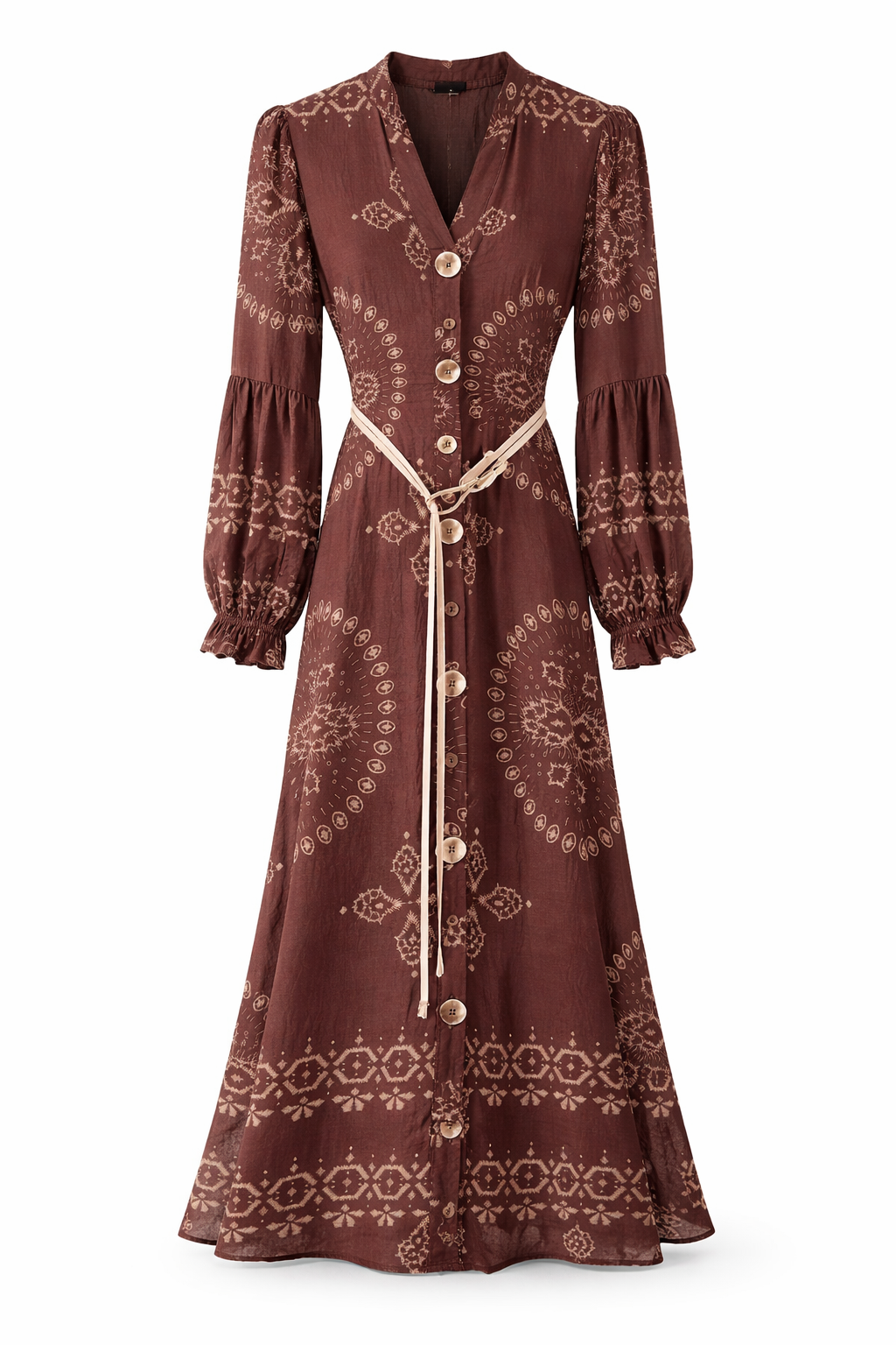 Bohemian Belted Maxi Dress – Brown Paisley Print