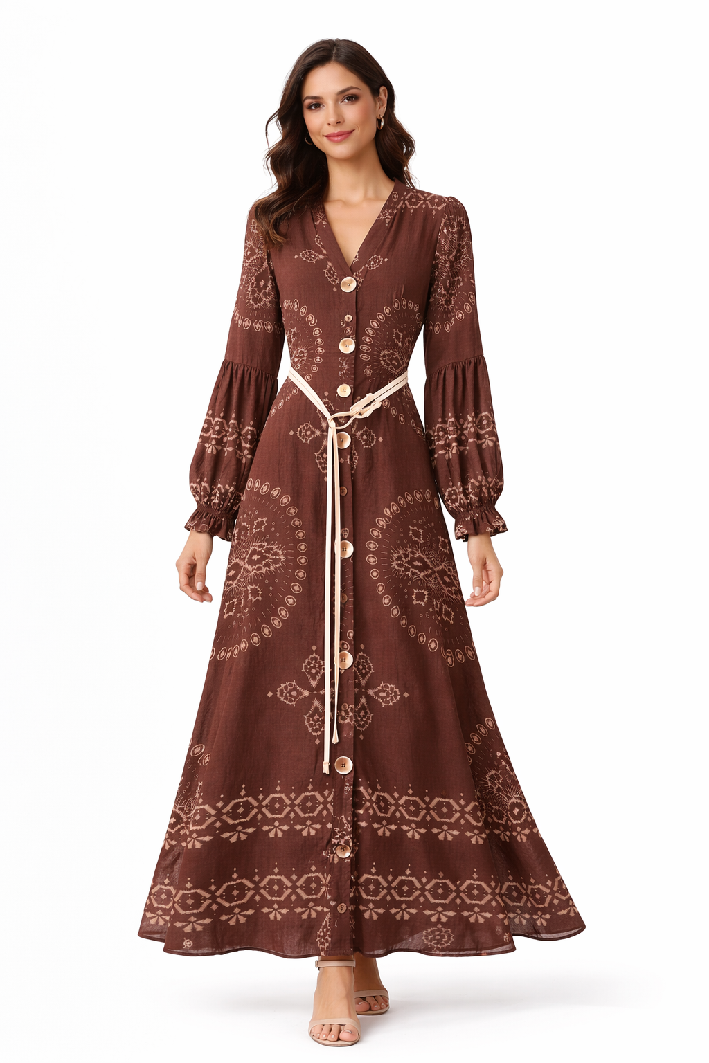 Bohemian Belted Maxi Dress – Brown Paisley Print