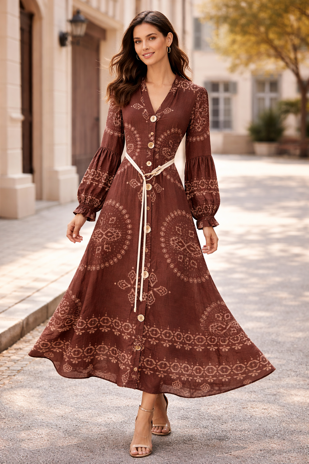 Bohemian Belted Maxi Dress – Brown Paisley Print
