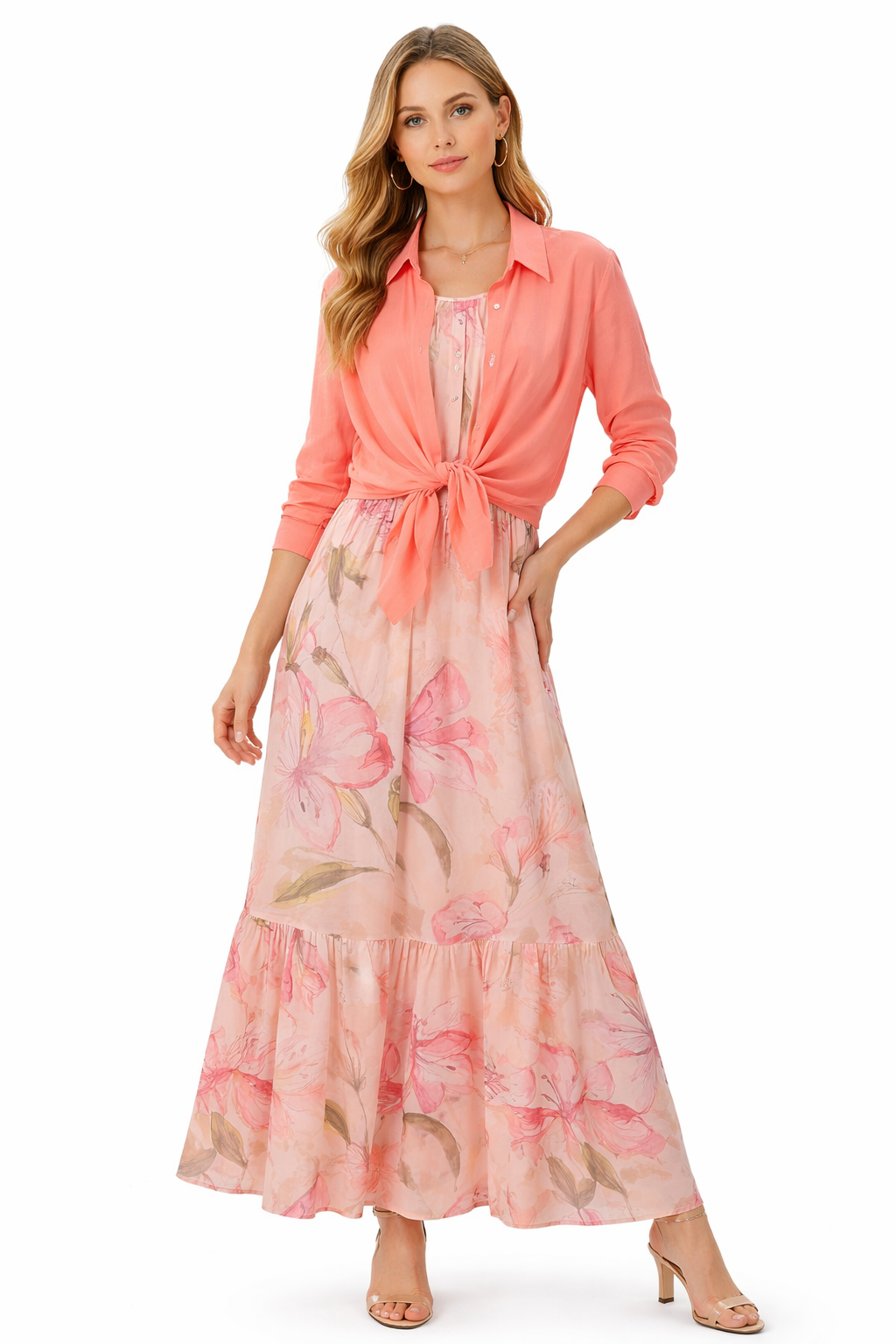 Coral Sheer Shirt & Floral Maxi Dress Set