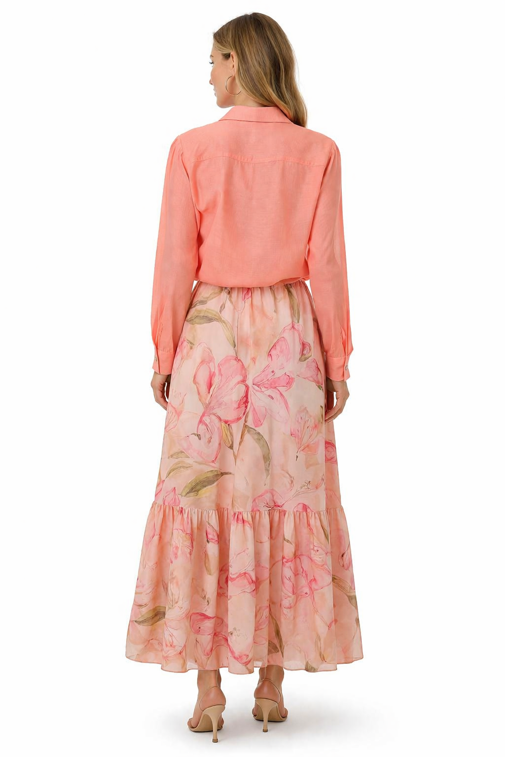 Coral Sheer Shirt & Floral Maxi Dress Set