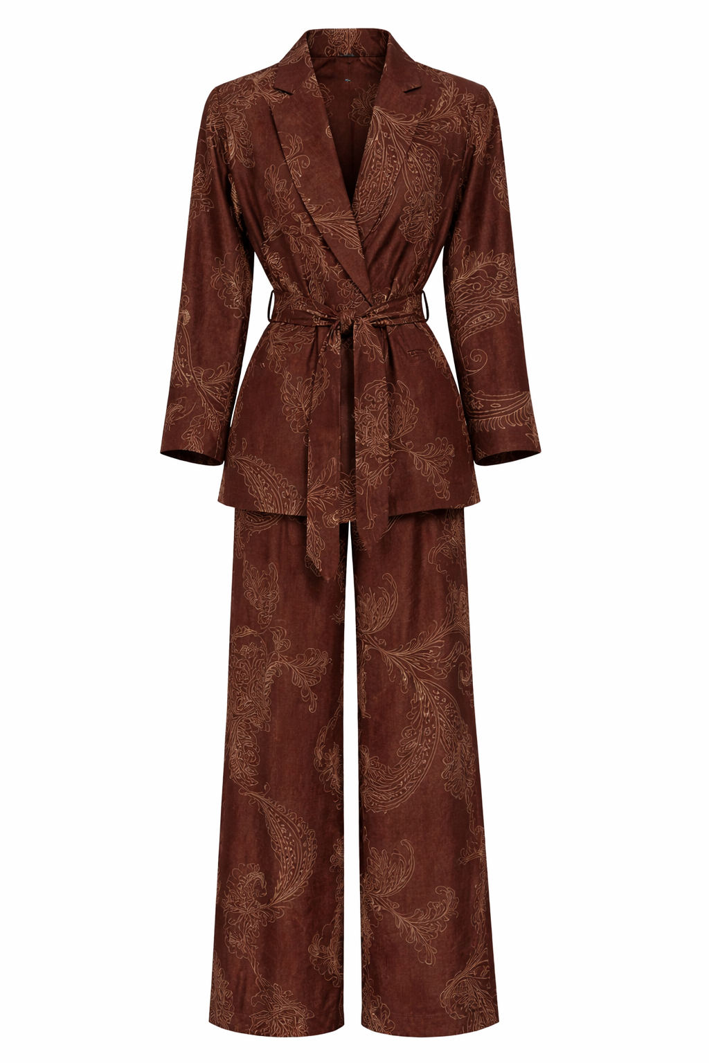 Chocolate Paisley Belted Blazer & Wide-Leg Pants Set