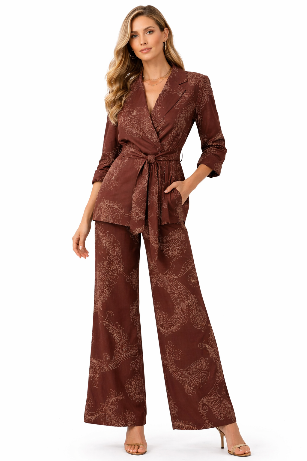 Chocolate Paisley Belted Blazer & Wide-Leg Pants Set