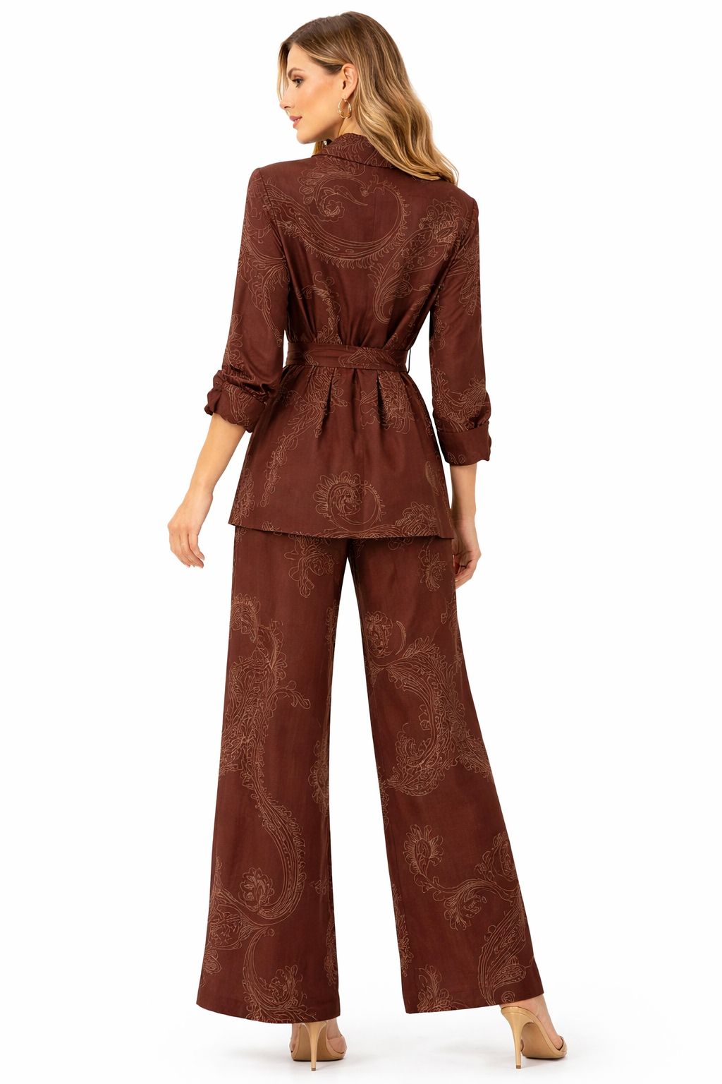 Chocolate Paisley Belted Blazer & Wide-Leg Pants Set