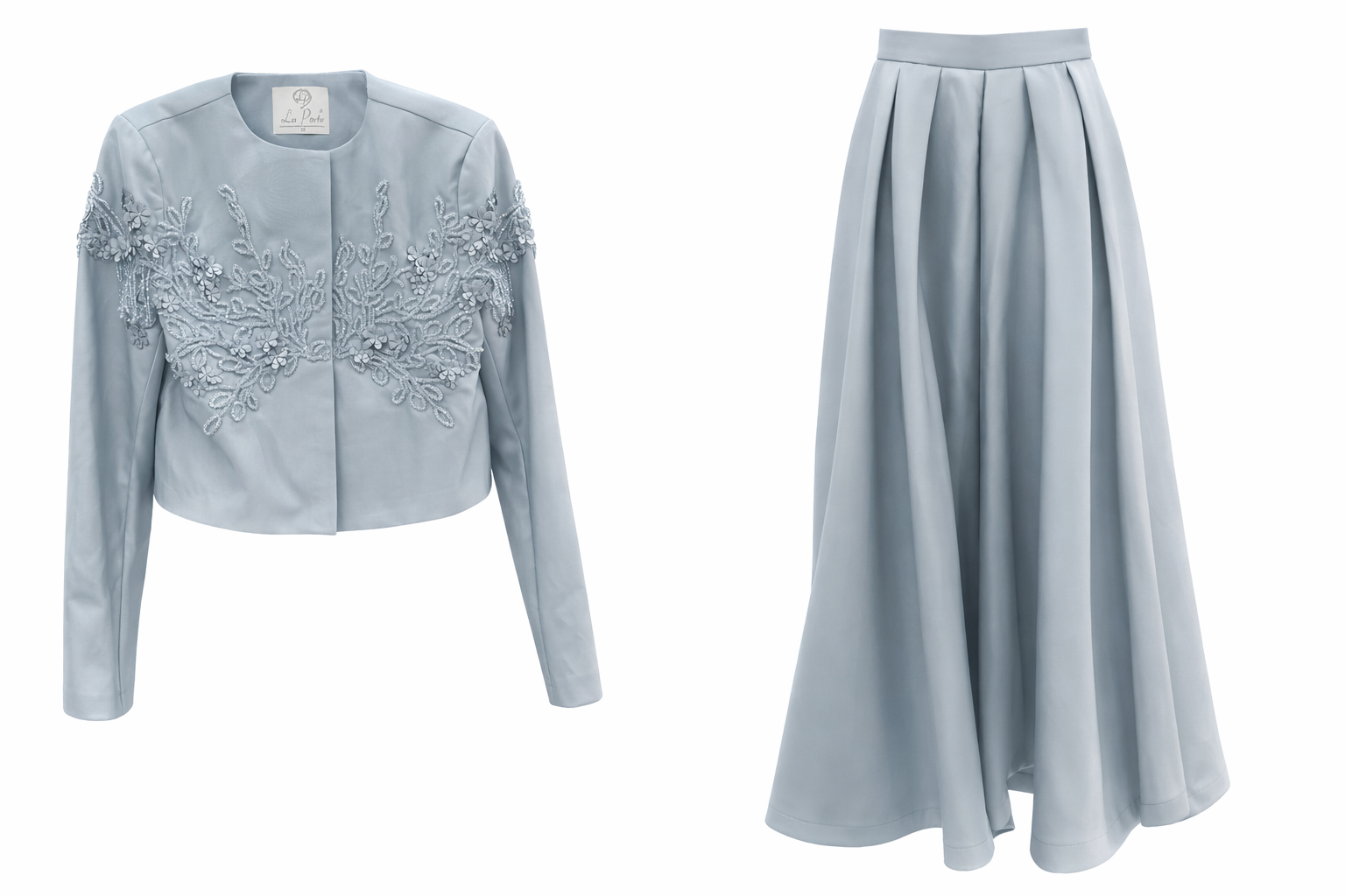 Elegant Embroidered Cropped Jacket & Pleated Midi Skirt Set – Powder Blue