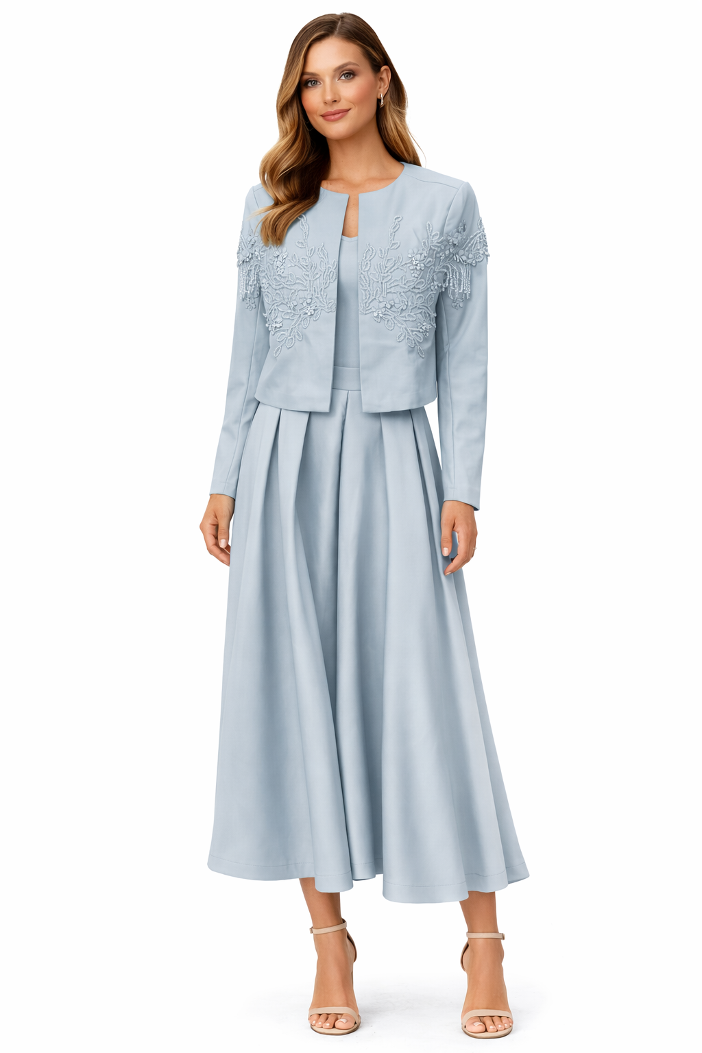 Elegant Embroidered Cropped Jacket & Pleated Midi Skirt Set – Powder Blue