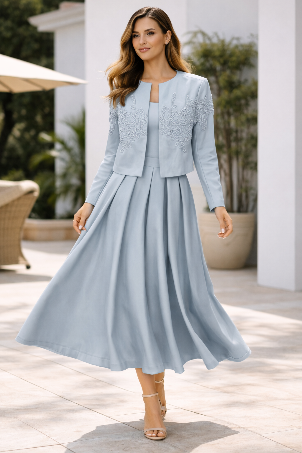 Elegant Embroidered Cropped Jacket & Pleated Midi Skirt Set – Powder Blue
