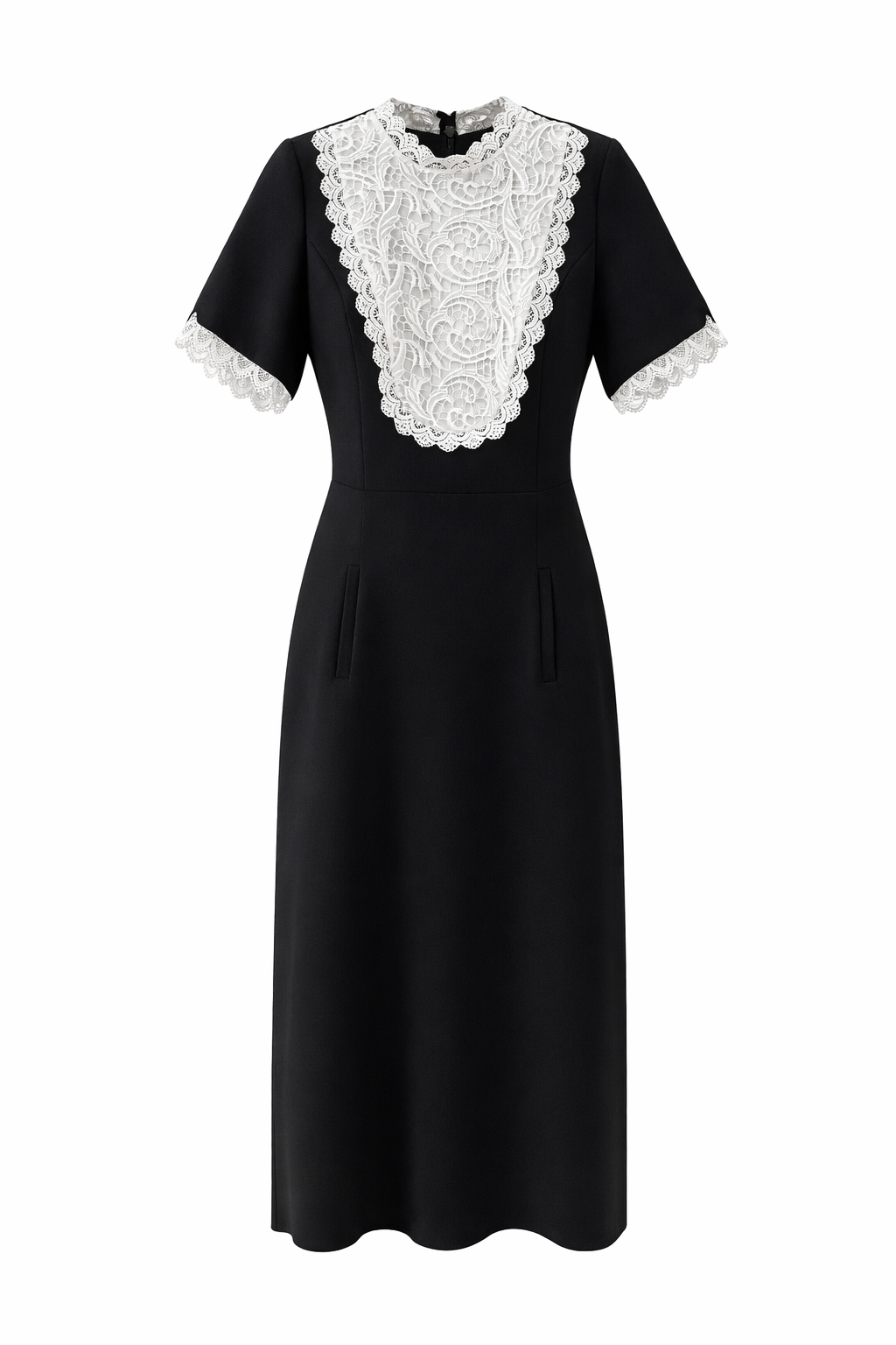 Elegant Black Midi Dress with Vintage Lace Collar