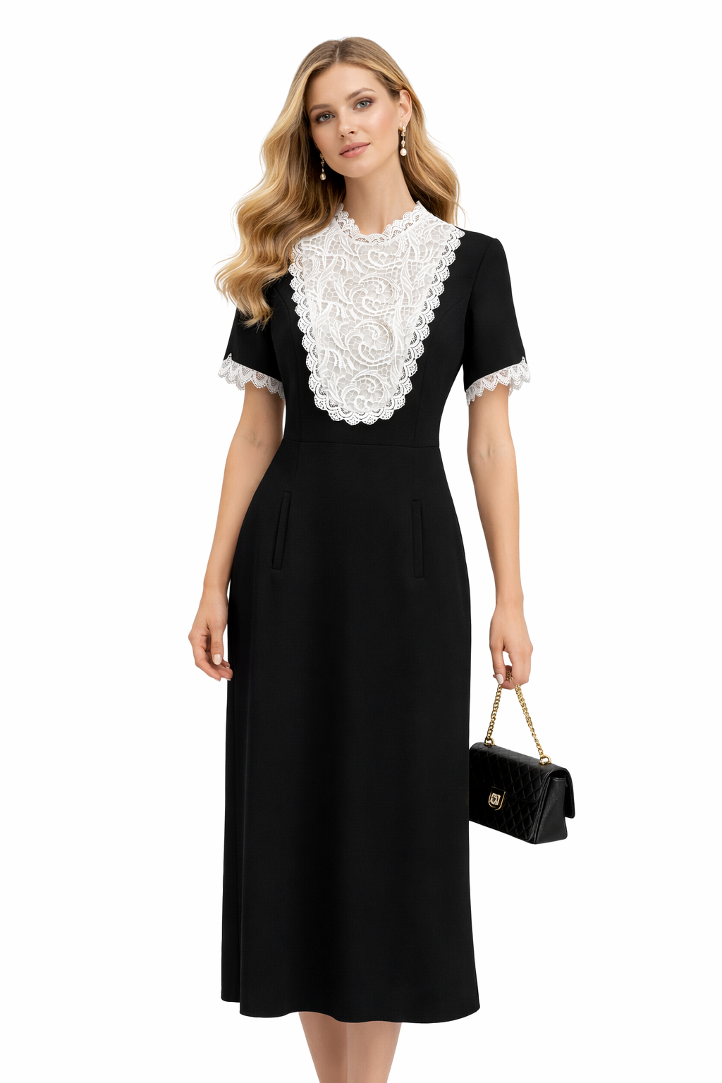 Elegant Black Midi Dress with Vintage Lace Collar