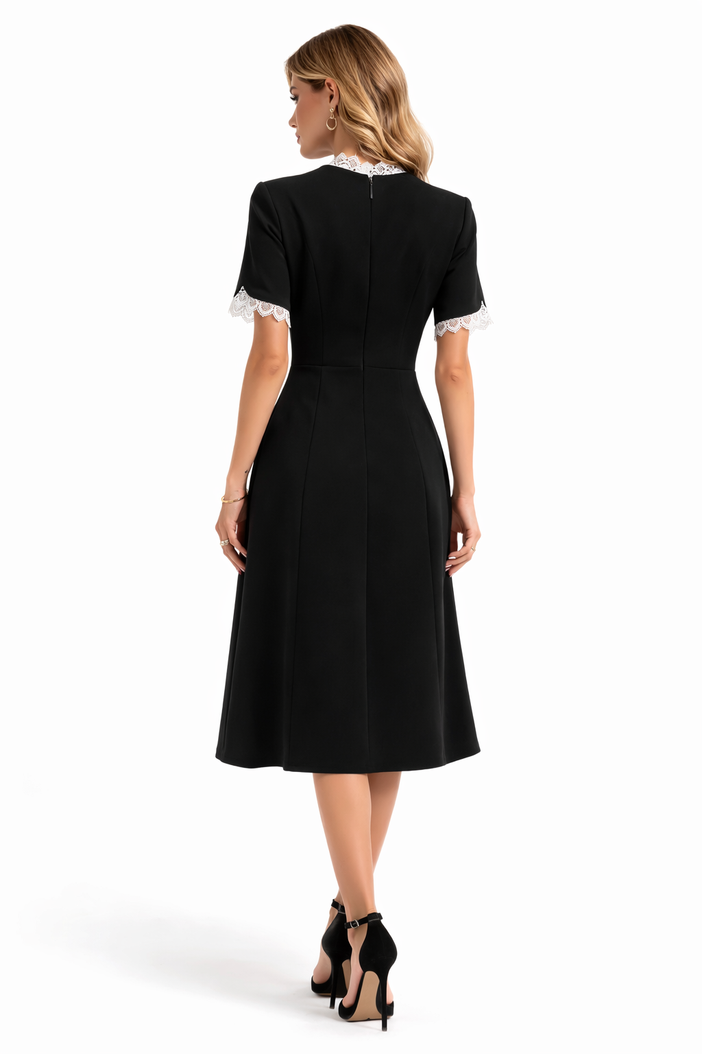 Elegant Black Midi Dress with Vintage Lace Collar