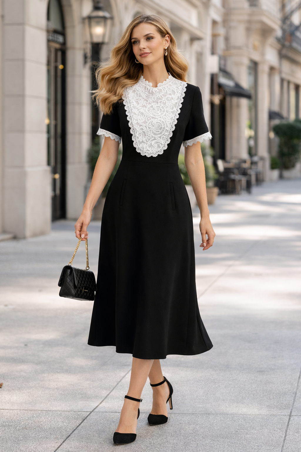 Elegant Black Midi Dress with Vintage Lace Collar