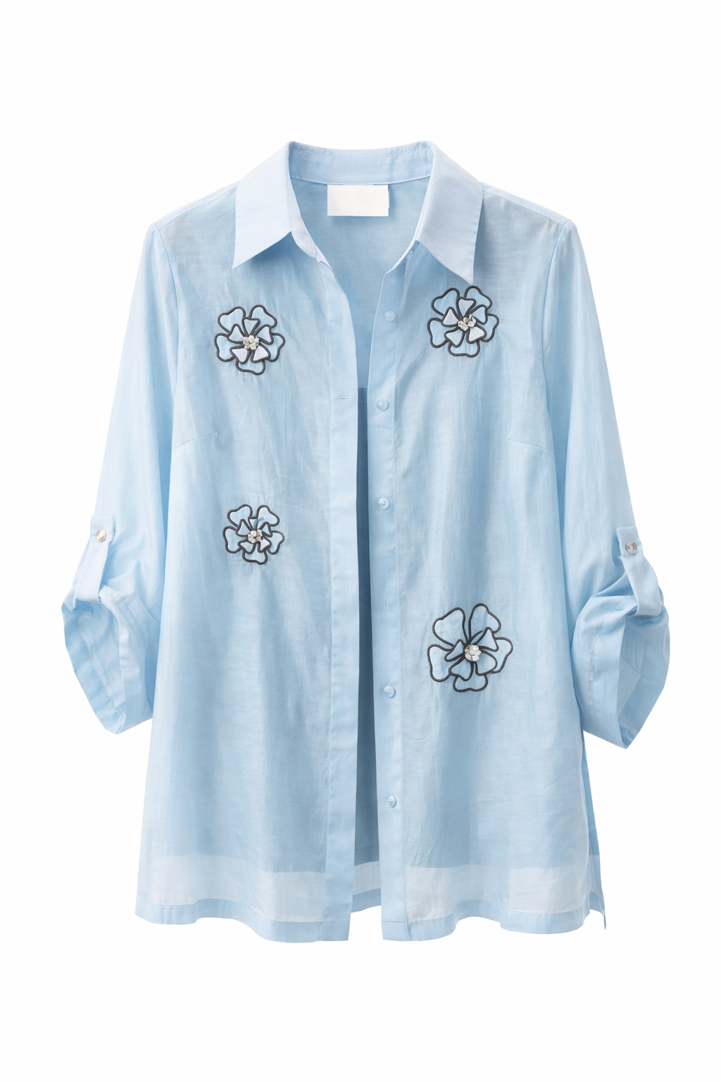 3-Piece Women’s Casual Set – Sheer Blue Floral Shirt, Tank Top & Wide-Leg Pants