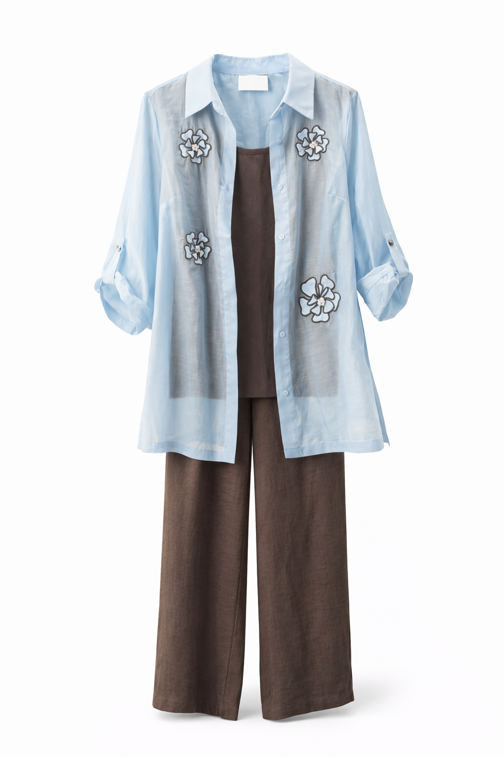 3-Piece Women’s Casual Set – Sheer Blue Floral Shirt, Tank Top & Wide-Leg Pants