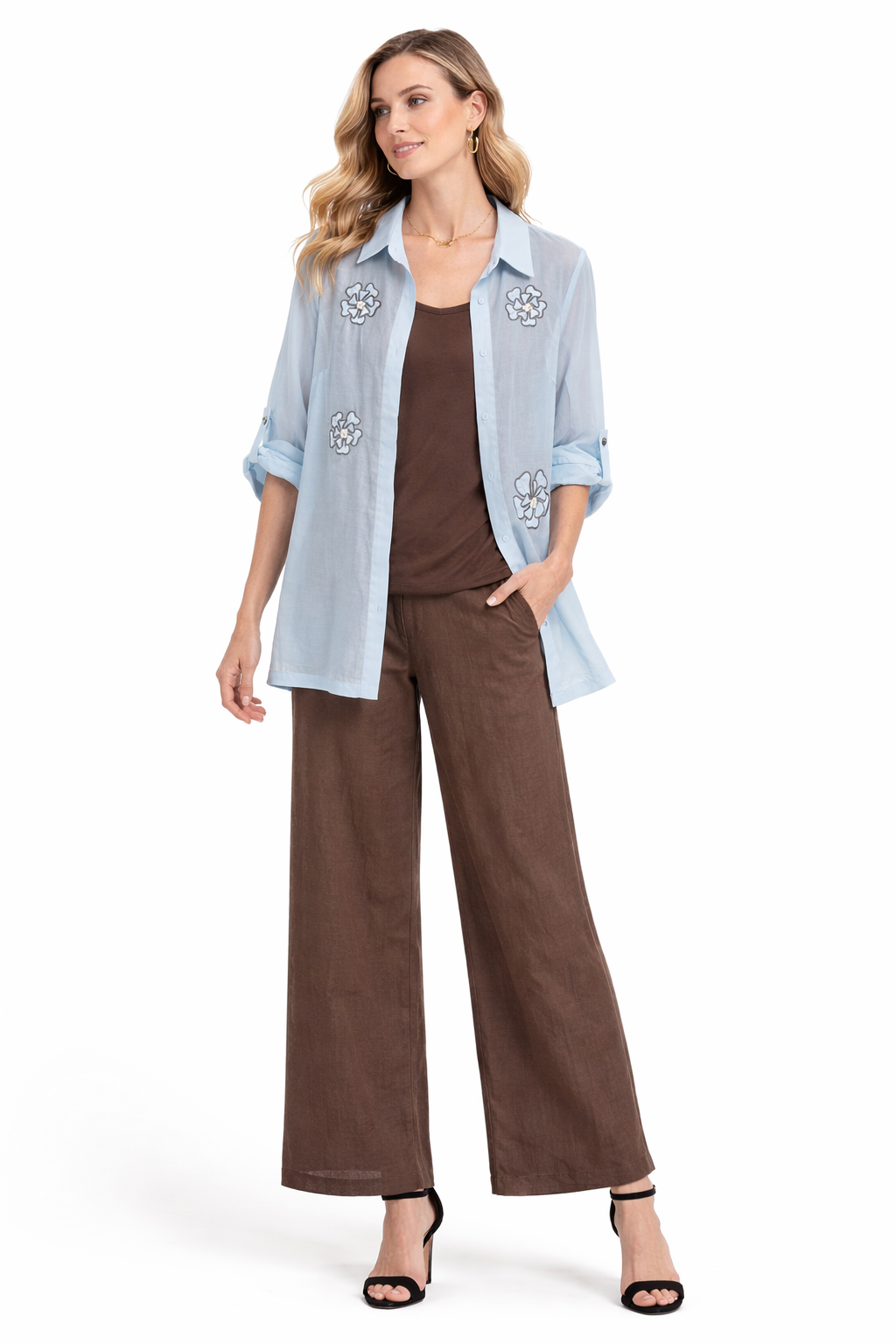 3-Piece Women’s Casual Set – Sheer Blue Floral Shirt, Tank Top & Wide-Leg Pants