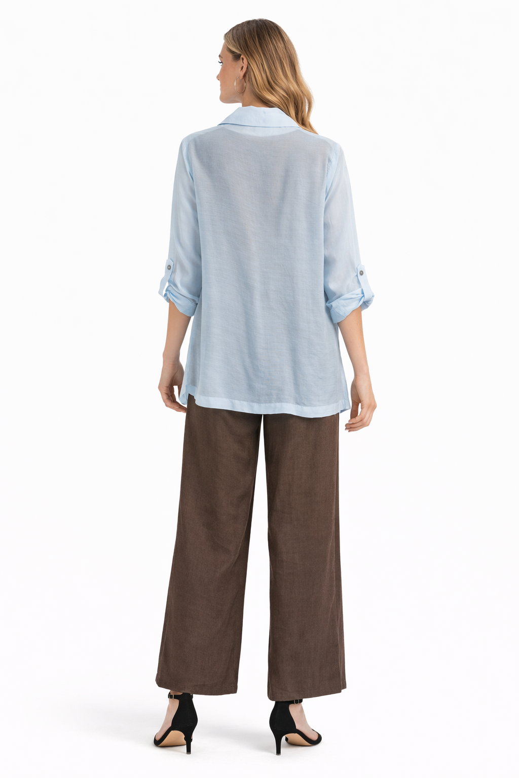 3-Piece Women’s Casual Set – Sheer Blue Floral Shirt, Tank Top & Wide-Leg Pants