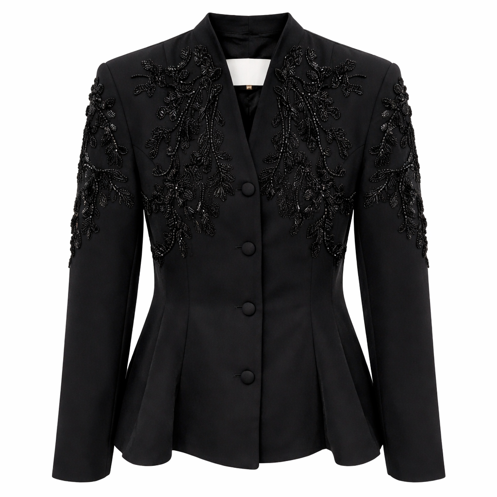 Elegant Embroidered Black Blazer & Maxi Skirt Set