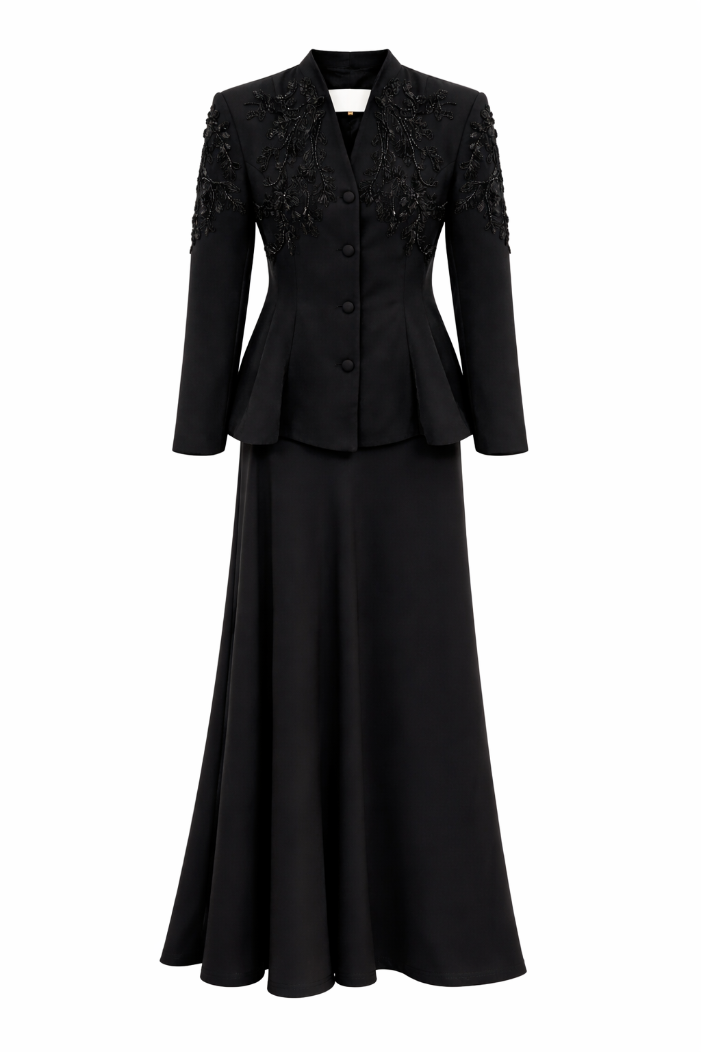 Elegant Embroidered Black Blazer & Maxi Skirt Set