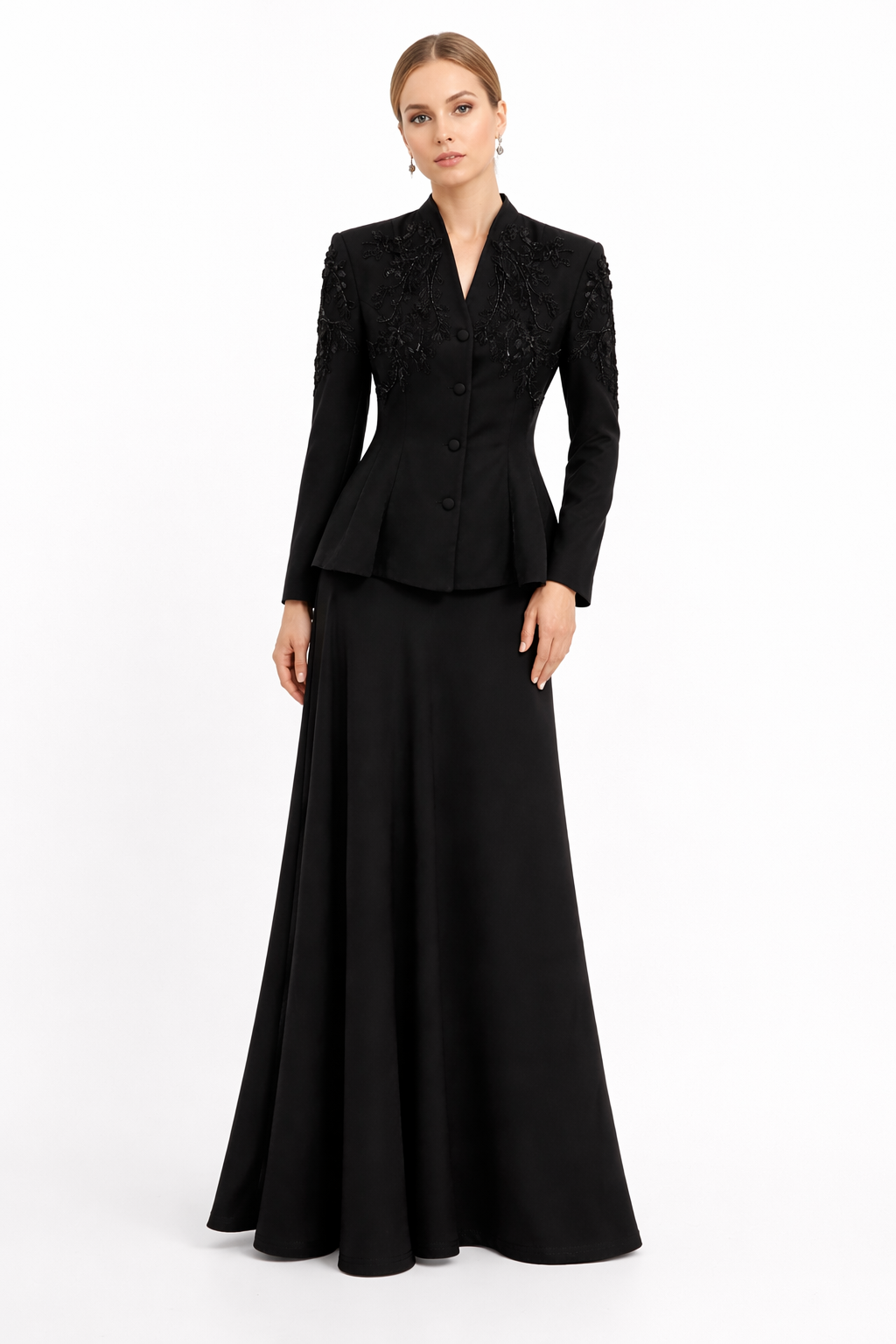 Elegant Embroidered Black Blazer & Maxi Skirt Set