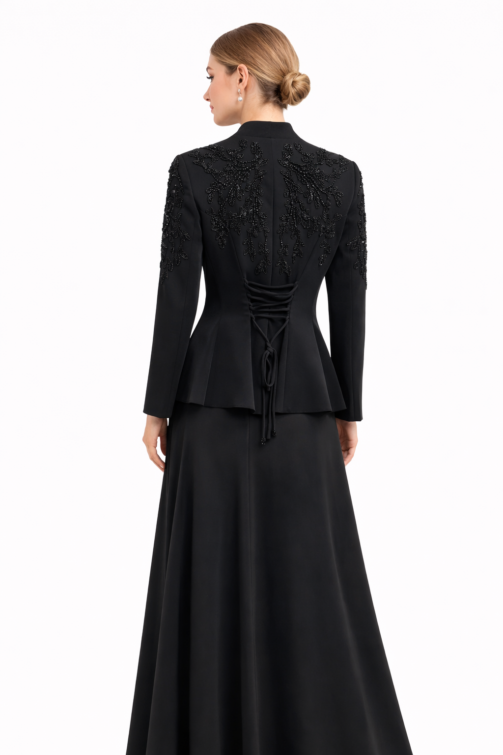 Elegant Embroidered Black Blazer & Maxi Skirt Set