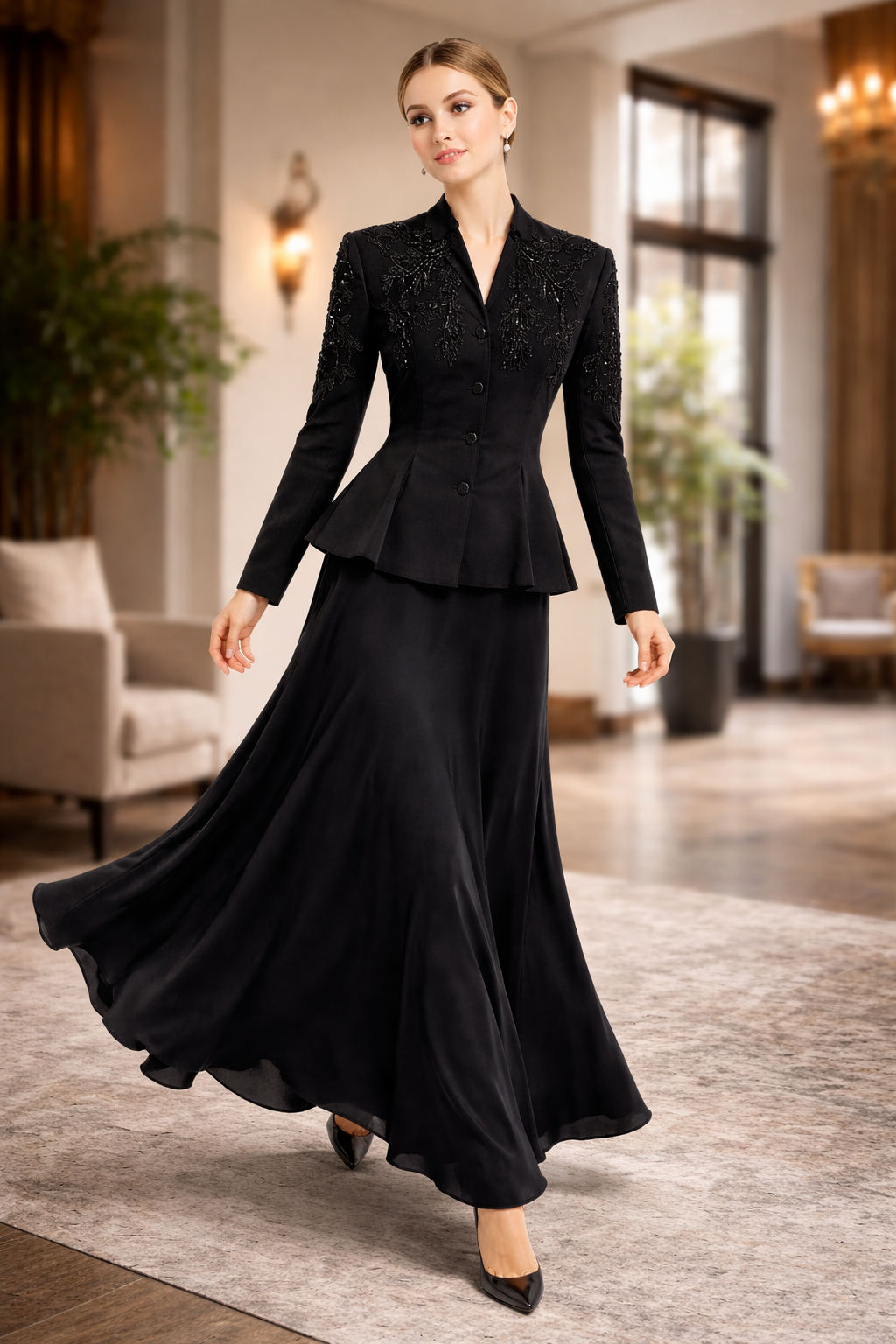 Elegant Embroidered Black Blazer & Maxi Skirt Set