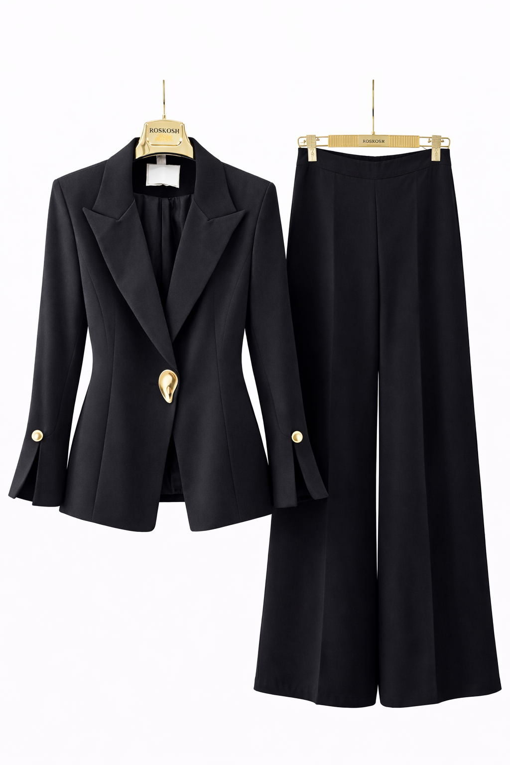 Elegant Black Tailored Blazer & Wide-Leg Pants Suit Set