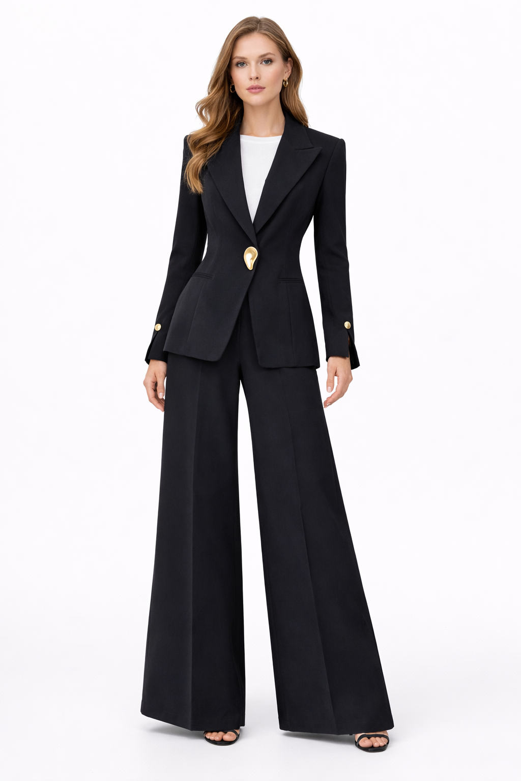 Elegant Black Tailored Blazer & Wide-Leg Pants Suit Set