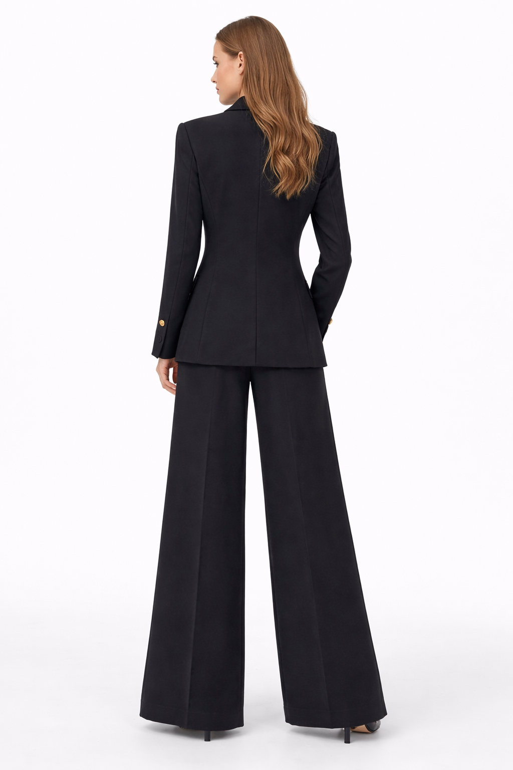 Elegant Black Tailored Blazer & Wide-Leg Pants Suit Set