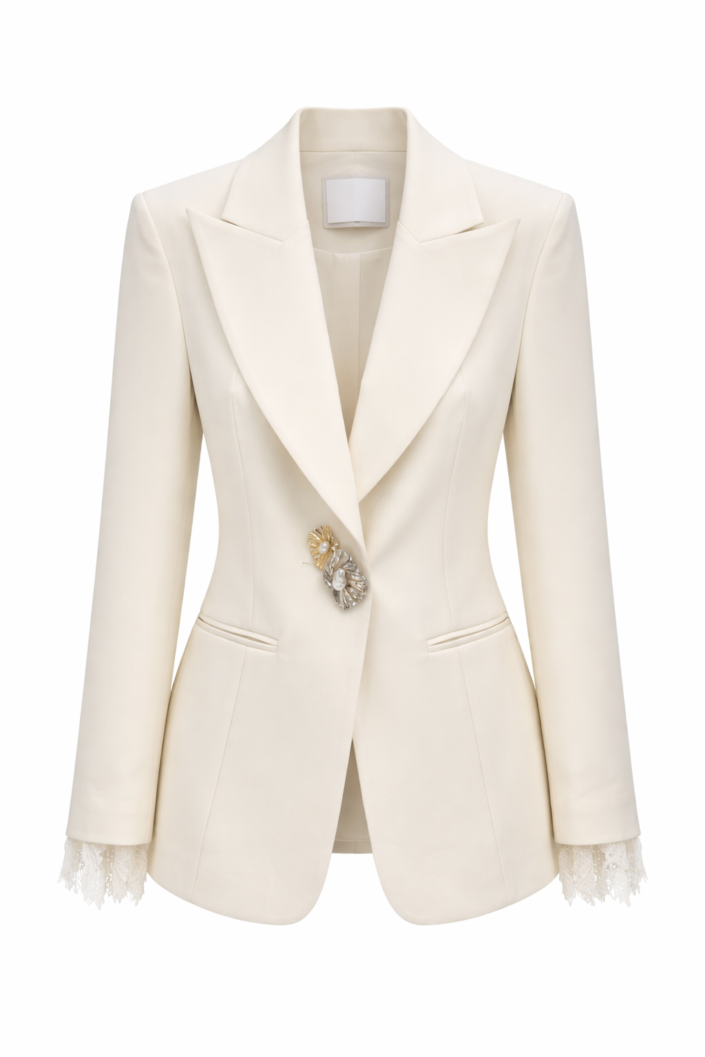 Elegant Cream Tailored Pantsuit Set with Lace Cuffs