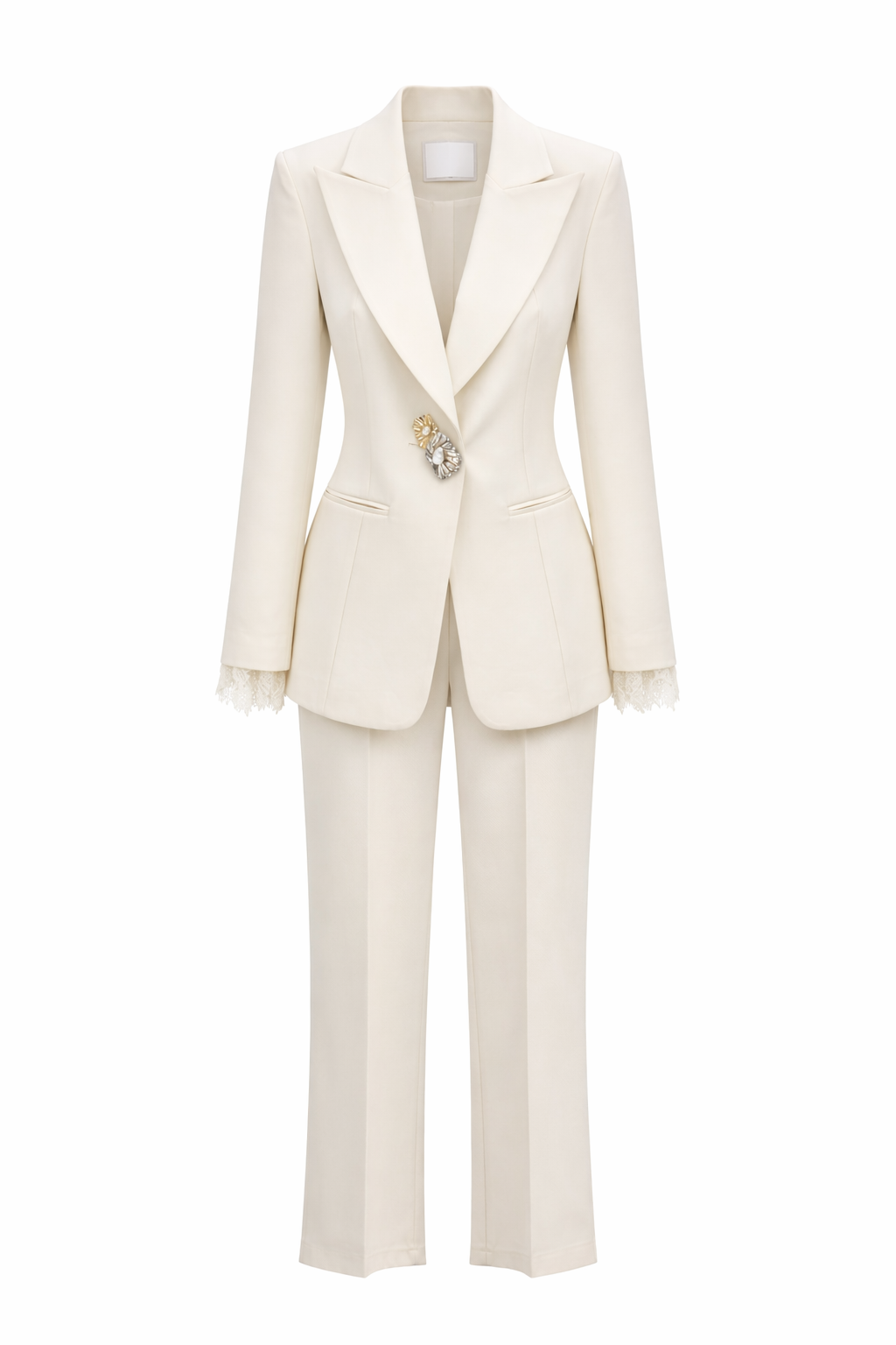 Elegant Cream Tailored Pantsuit Set with Lace Cuffs