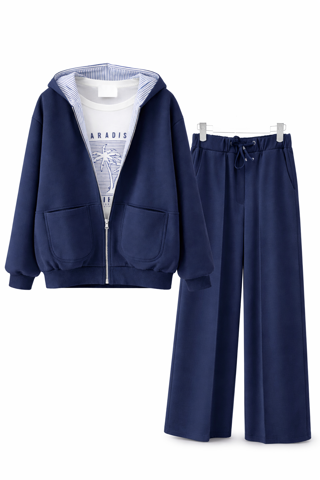 3-Piece Casual Lounge Set – Zip Hoodie, Graphic T-Shirt & Wide-Leg Pants
