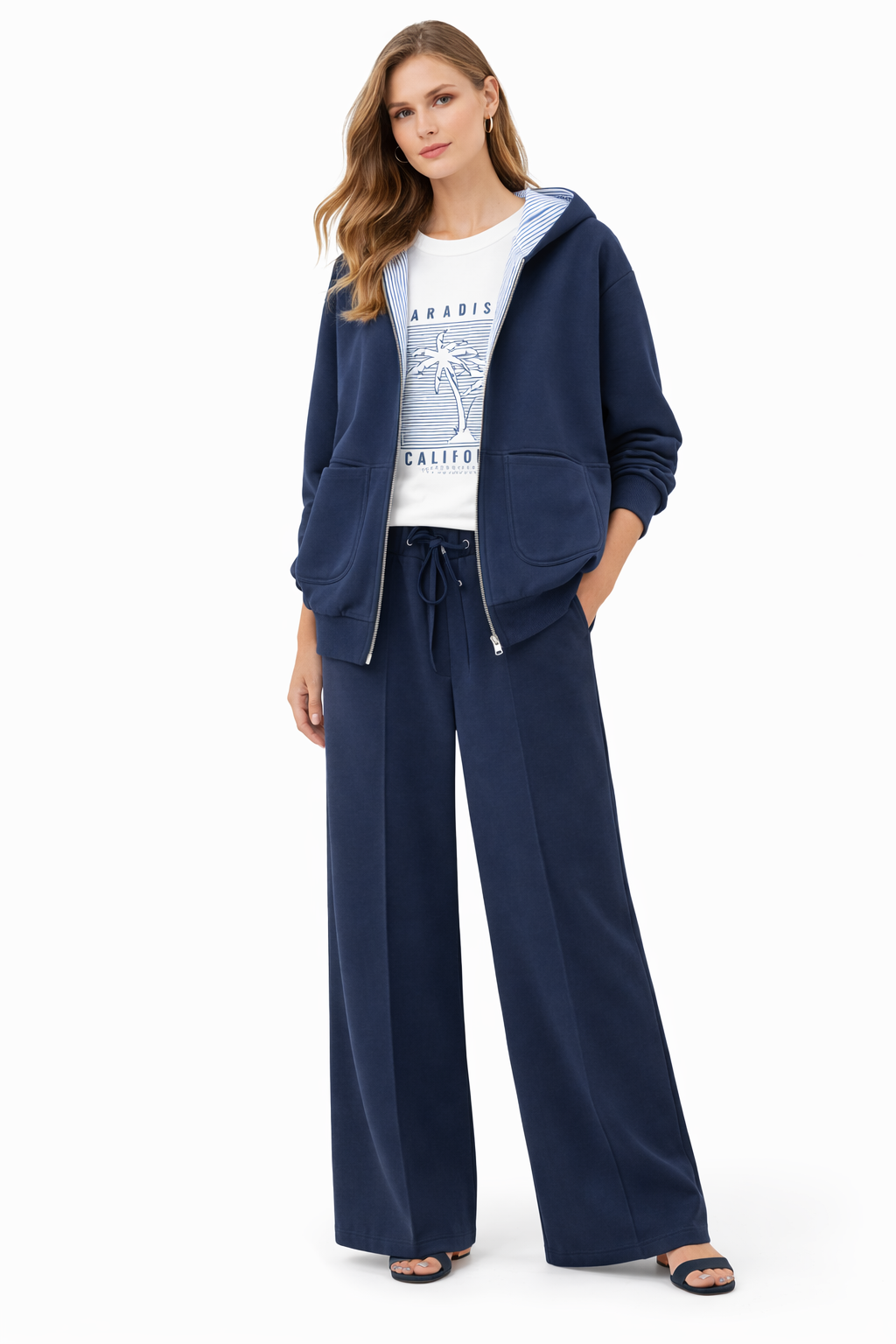 3-Piece Casual Lounge Set – Zip Hoodie, Graphic T-Shirt & Wide-Leg Pants