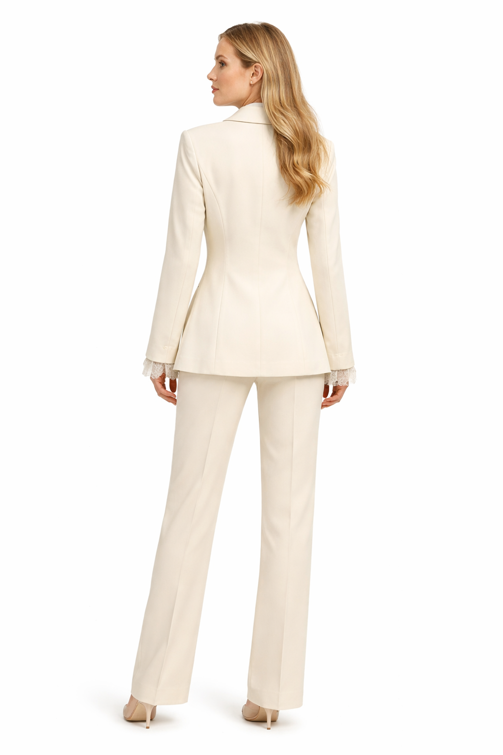 Elegant Cream Tailored Pantsuit Set with Lace Cuffs