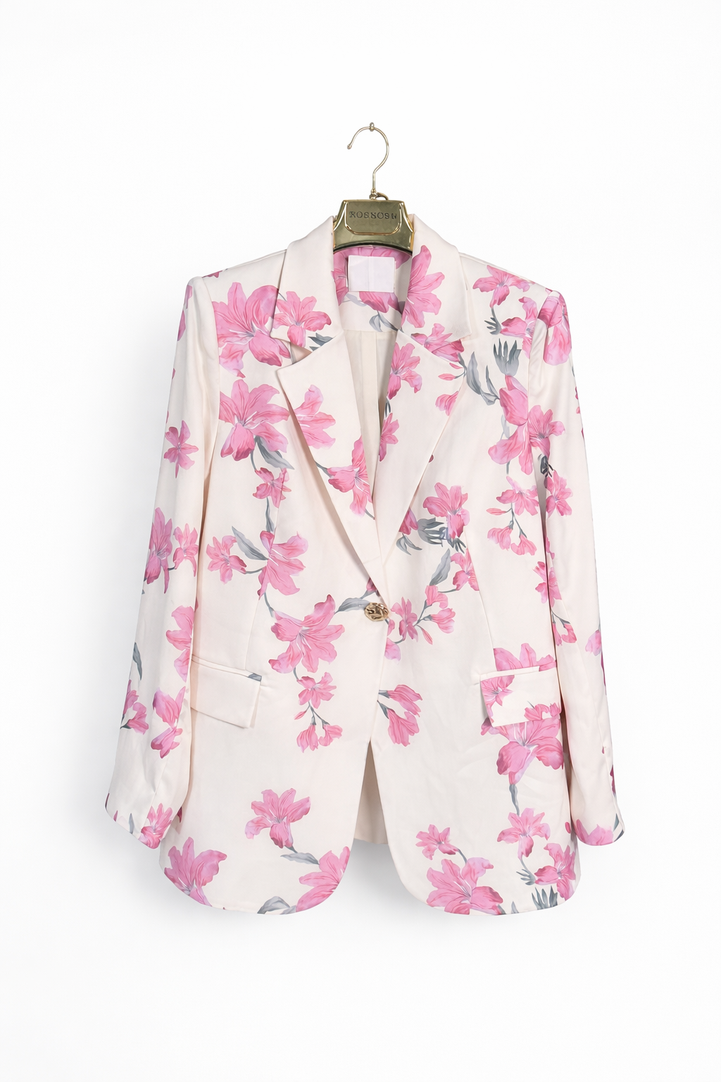 Elegant Pink Floral Blazer & Midi Skirt Set – 2 Piece Women's Suit